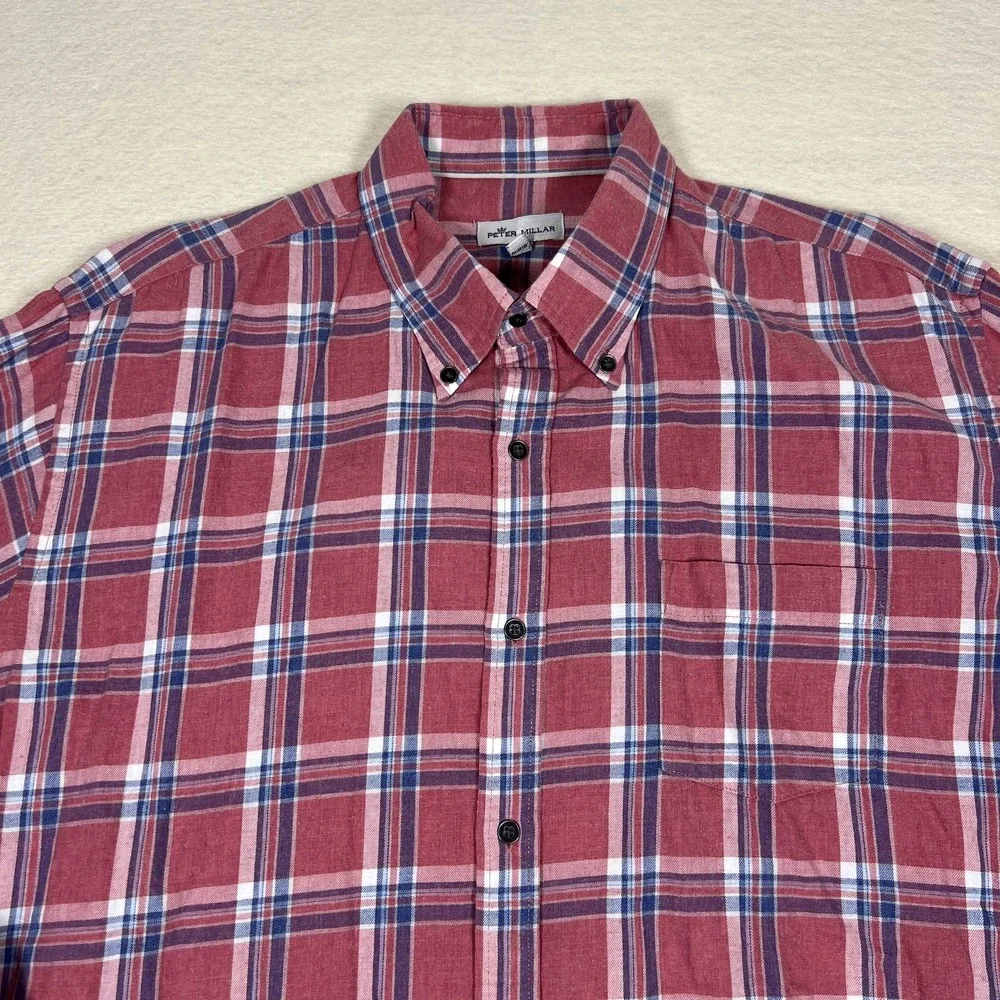 Peter Millar‎ Shirt Mens XL Red Blue Plaid Button Down Cotton Casual Long Sleeve